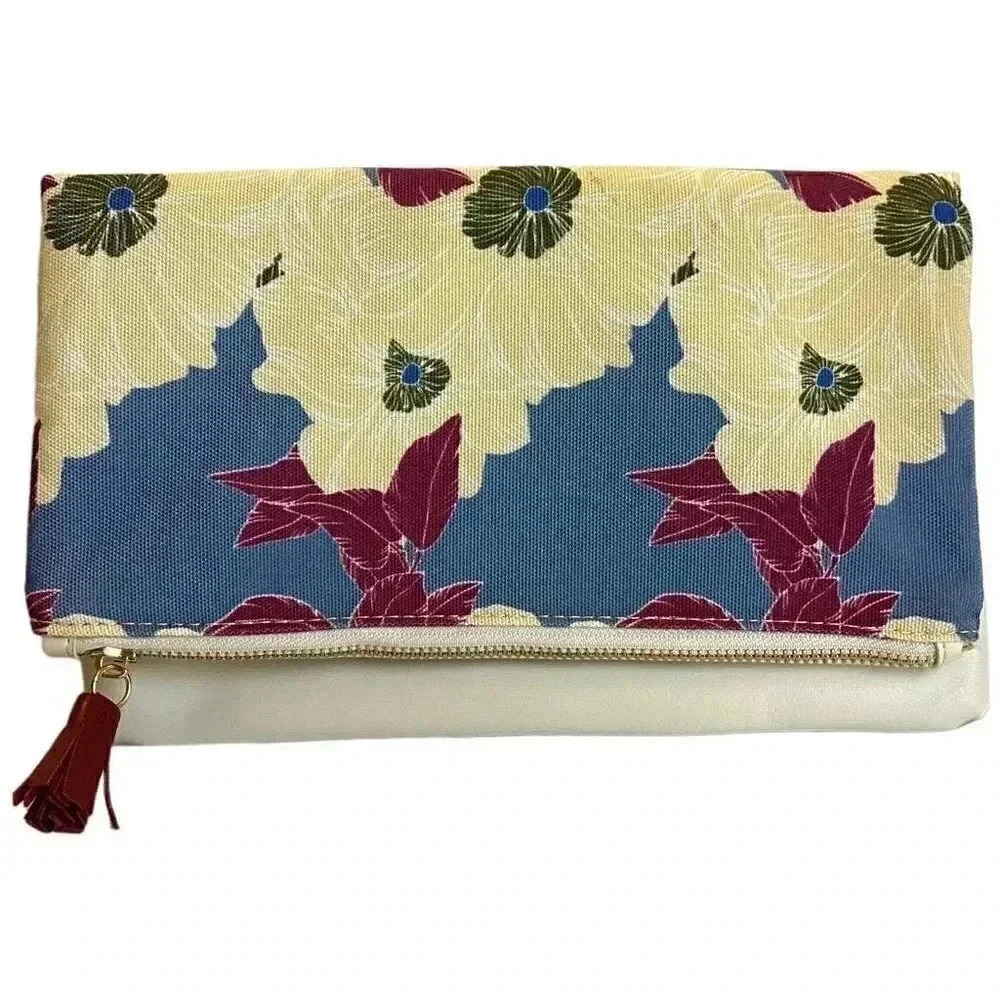 Rachel Pally Clutch Bag Ivory Blue In Bloom Floral Zip Top Fold Over Reversible